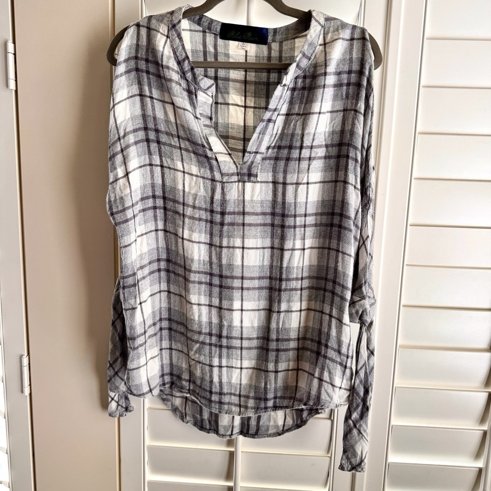 Blue Rain Plaid Flannel Tunic Top Grey Cream Roll Tab Sleeve YH4703 Women's L